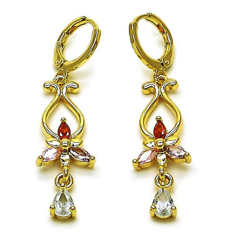 Arete Largo 02.323.0099 Oro Laminado, Diseño de Flor y Gota, Diseño de Flor, con Zirconia Cubica Multicolor, Pulido, Dorado