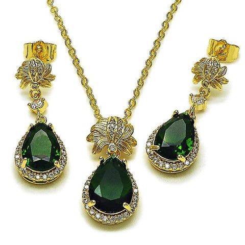 Juego de Arete y Dije de Adulto 10.196.0195 Oro Laminado, Diseño de Gota y Cluster, Diseño de Gota, con Zirconia Cubica Verde y Micro PaveBlanca, Pulido, Dorado
