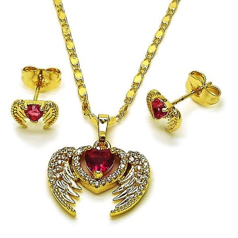 Juego de Arete y Dije de Adulto 10.196.0181 Oro Laminado, Diseño de Corazon y Alas, Diseño de Corazon, con Zirconia Cubica Rubi y Blanca, Pulido, Dorado