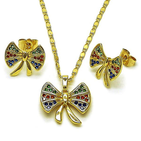 Juego de Arete y Dije de Adulto 10.196.0176 Oro Laminado, Diseño de Arco, con Zirconia Cubica Multicolor, Pulido, Dorado