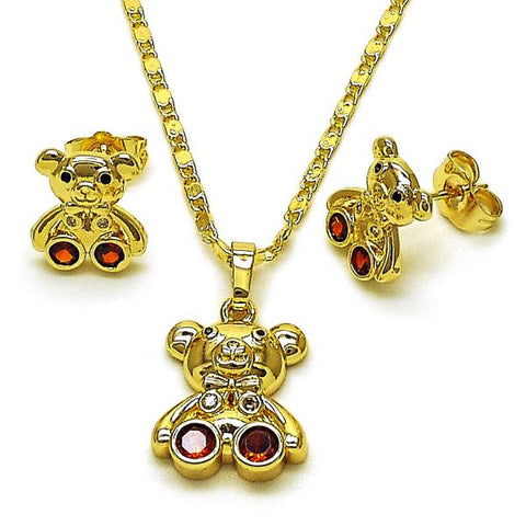 Juego de Arete y Dije de Adulto 10.196.0163 Oro Laminado, Diseño de Osito, con Zirconia Cubica Granate y Blanca, Pulido, Dorado