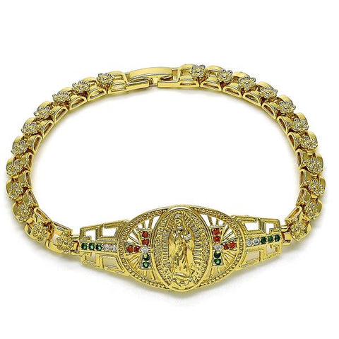 Pulsera Elegante 03.283.0405.1.07 Oro Laminado, Diseño de Guadalupe y Cruz, Diseño de Guadalupe, con Zirconia Cubica Multicolor, Pulido, Dorado