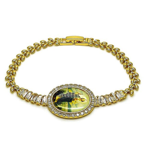 Pulsera Elegante 03.283.0477.07 Oro Laminado, Diseño de San Judas y Baguette, Diseño de San Judas, con Zirconia Cubica Blanca, Pulido, Dorado