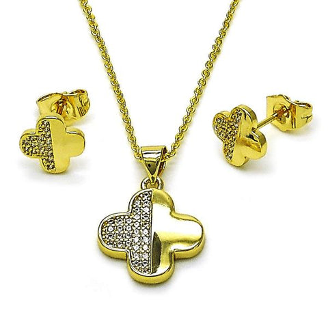 Juego de Arete y Dije de Adulto 10.156.0518 Oro Laminado, Diseño de Trebol de Cuatro Hojas, con Micro Pave Blanca, Pulido, Dorado