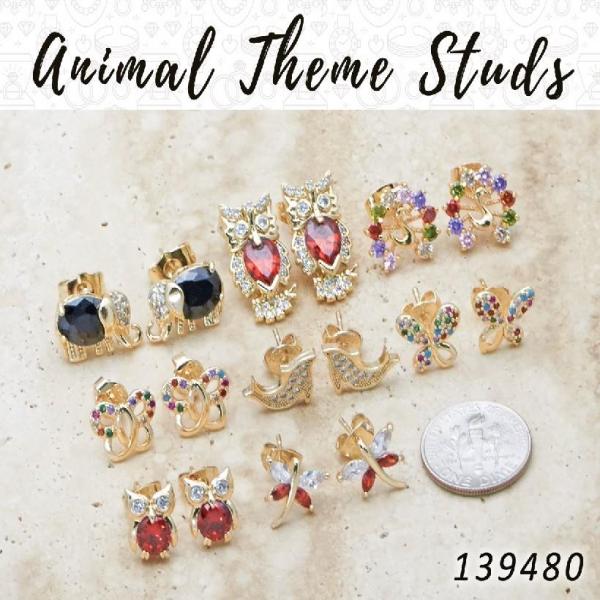 Kit Surtido de 40 Aretes de Botón de Animales de Oro Laminado al por mayor — SKU 139480