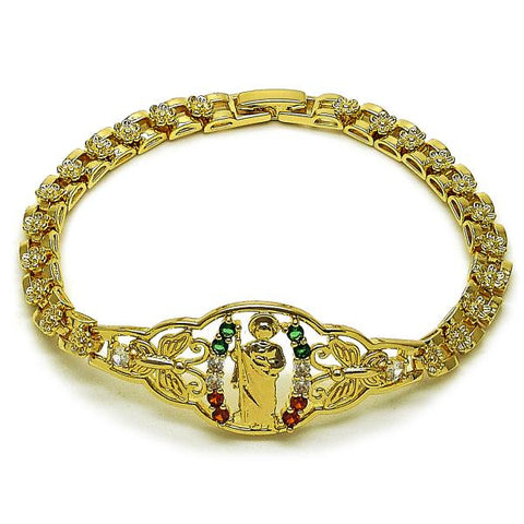 Pulsera Elegante 03.283.0412.1.07 Oro Laminado, Diseño de San Judas y Mariposa, Diseño de San Judas, con Zirconia Cubica Multicolor, Pulido, Dorado