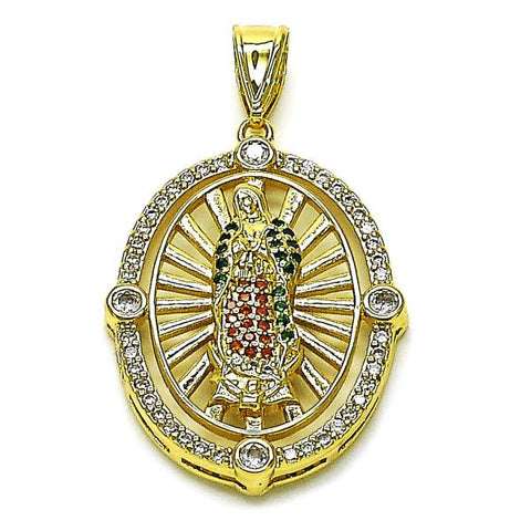 Dije Religioso 05.411.0068.1 Oro Laminado, Diseño de Guadalupe, con Zirconia Cubica Multicolor y Blanca, Pulido, Dorado