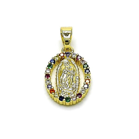 Dije Religioso 05.210.0007.1 Oro Laminado, Diseño de Guadalupe, con Zirconia Cubica Multicolor, Pulido, Dorado