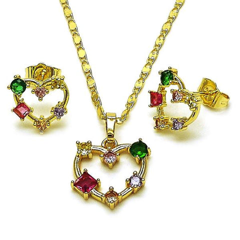 Juego de Arete y Dije de Adulto 10.196.0179 Oro Laminado, Diseño de Corazon, con Zirconia Cubica Multicolor, Pulido, Dorado