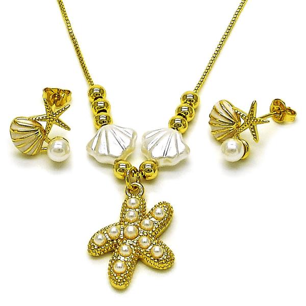 Juego de Arete y Dije de Adulto 10.341.0019 Oro Laminado, Diseño de Concha y Estrella, Diseño de Concha, con Perla Marfil, Esmaltado Blanco, Dorado
