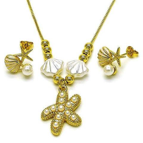 Juego de Arete y Dije de Adulto 10.341.0019 Oro Laminado, Diseño de Concha y Estrella, Diseño de Concha, con Perla Marfil, Esmaltado Blanco, Dorado