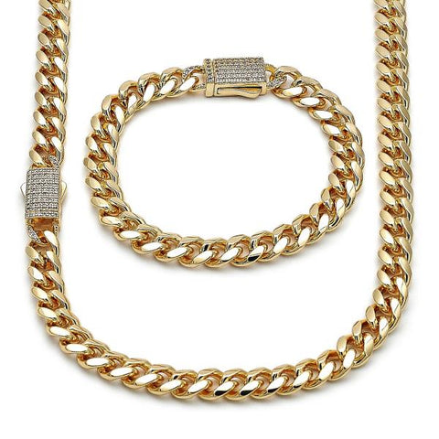 Collar y Pulso 06.156.0003 Oro Laminado, Diseño de Miami Cubana, con Zirconia Cubica Blanca, Pulido, Dorado