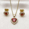Juego de Arete y Dije de Adulto 10.156.0539.1 Oro Laminado, Diseño de Corazon y Cluster, Diseño de Corazon, con Zirconia Cubica Granate y Blanca, Pulido, Dorado