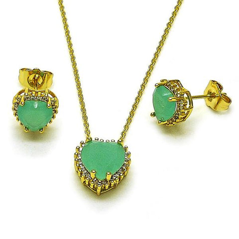 Juego de Arete y Dije de Adulto 10.156.0526 Oro Laminado, Diseño de Corazon y Cluster, Diseño de Corazon, con Zirconia Cubica Turquoise y Micro PaveBlanca, Pulido, Dorado