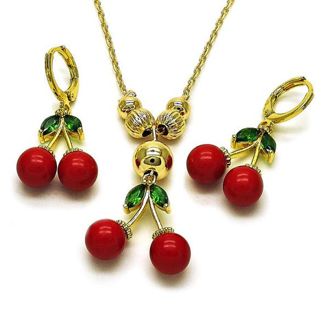 Juego de Arete y Dije de Adulto 10.170.0013 Oro Laminado, Diseño de Cereza y Bola, Diseño de Cereza, con Zirconia Cubica Verde y PerlaGranate, Pulido, Dorado