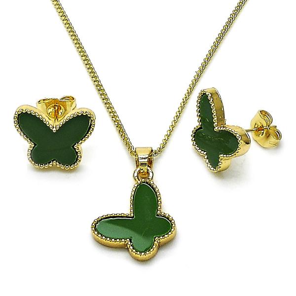 Juego de Arete y Dije de Adulto 10.283.0020.3 Oro Laminado, Diseño de Mariposa, con Madre Perla Verde, Pulido, Dorado