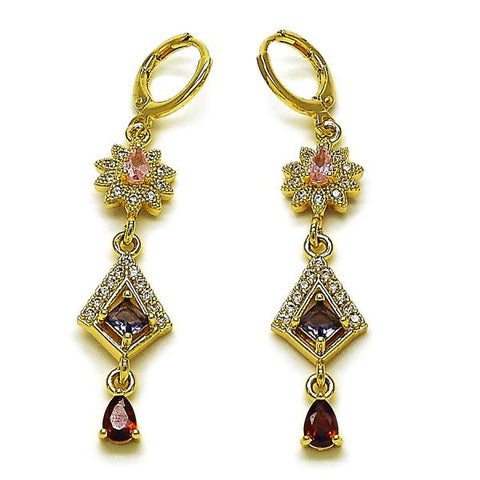 Arete Largo 02.323.0107 Oro Laminado, Diseño de Flor y Gota, Diseño de Flor, con Zirconia Cubica Multicolor y Blanca, Pulido, Dorado