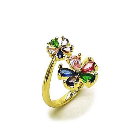 Anillo Multi Piedra 01.196.0040 Oro Laminado, Diseño de Flor, con Zirconia Cubica Multicolor, Pulido, Dorado