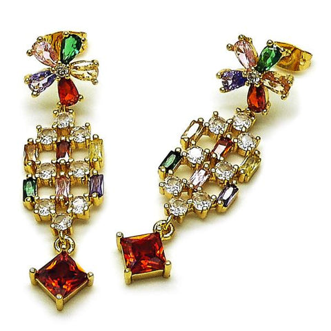 Arete Largo 02.282.0074 Oro Laminado, Diseño de Flor, con Zirconia Cubica Multicolor, Pulido, Dorado
