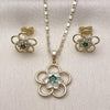 Juego de Arete y Dije de Adulto 10.196.0167 Oro Laminado, Diseño de Flor, con Zirconia Cubica Verde y Blanca, Pulido, Dorado