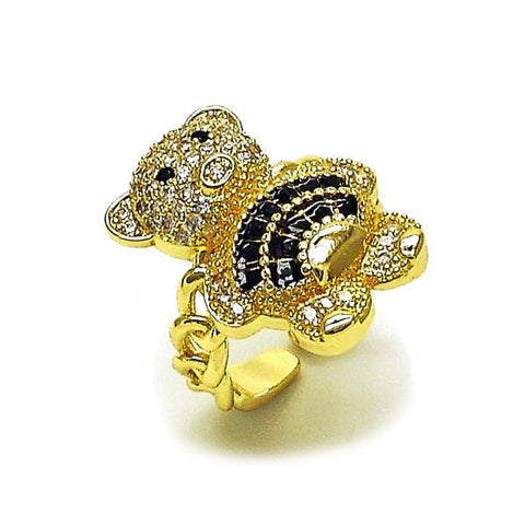 Anillo Multi Piedra 01.284.0108.4 Oro Laminado, Diseño de Osito y Baguette, Diseño de Osito, con Zirconia Cubica Negro y Micro PaveBlanca, Pulido, Dorado