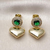 Arete Colgante 02.213.0844.2 Oro Laminado, Diseño de Corazon y Cluster, Diseño de Corazon, con Zirconia Cubica Verde y Blanca, Pulido, Dorado