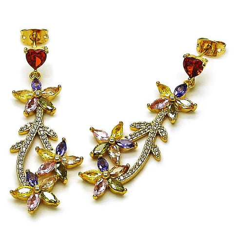 Arete Largo 02.282.0071 Oro Laminado, Diseño de Flor y Corazon, Diseño de Flor, con Zirconia Cubica Multicolor y Micro PaveBlanca, Pulido, Dorado