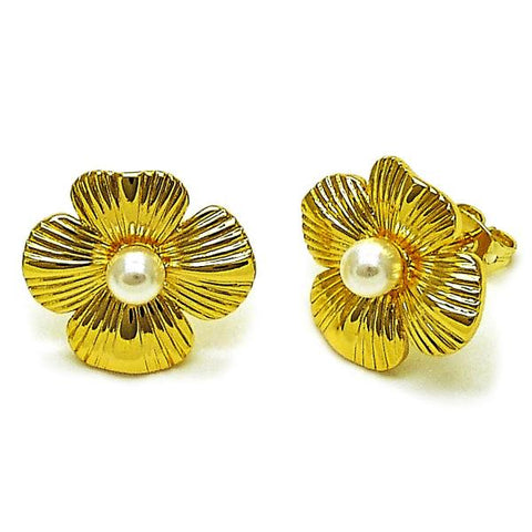 Arete Dormilona 02.282.0053 Oro Laminado, Diseño de Flor y Bola, Diseño de Flor, con Perla Marfil, Diamantado, Dorado