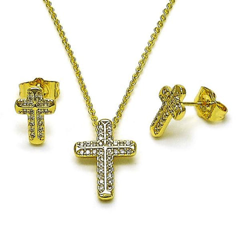 Juego de Arete y Dije de Adulto 10.156.0514 Oro Laminado, Diseño de Cruz y Rolo, Diseño de Cruz, con Micro Pave Blanca, Pulido, Dorado