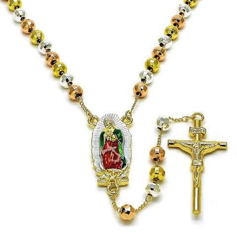 Rosario Mediano 09.411.0009.1.24 Oro Laminado, Diseño de Guadalupe y Crucifijo, Diseño de Guadalupe, Diamantado, Tricolor