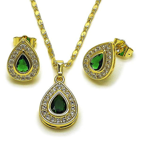 Juego de Arete y Dije de Adulto 10.196.0197 Oro Laminado, Diseño de Gota y Cluster, Diseño de Gota, con Zirconia Cubica Verde y Blanca, Pulido, Dorado
