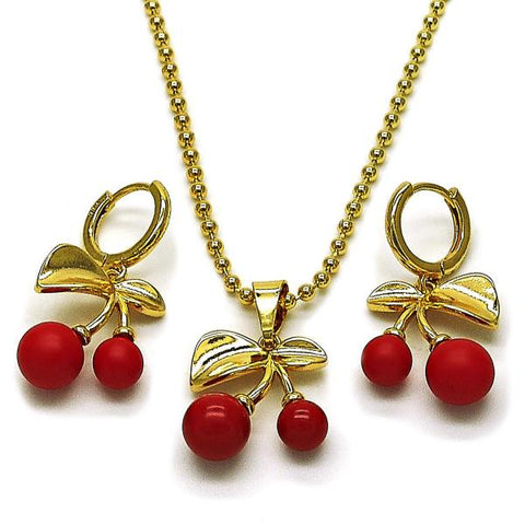 Juego de Arete y Dije de Adulto 10.282.0007 Oro Laminado, Diseño de Cereza, con Perla Granate, Pulido, Dorado