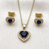 Juego de Arete y Dije de Adulto 10.156.0539.2 Oro Laminado, Diseño de Corazon y Cluster, Diseño de Corazon, con Zirconia Cubica Zafiro Azul y Blanca, Pulido, Dorado