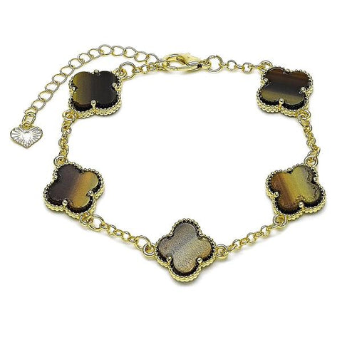 Pulsera Elegante 03.414.0001.6.07 Oro Laminado, Diseño de Trebol de Cuatro Hojas y Rolo, Diseño de Trebol de Cuatro Hojas, con Madre Perla Negro, Pulido, Dorado