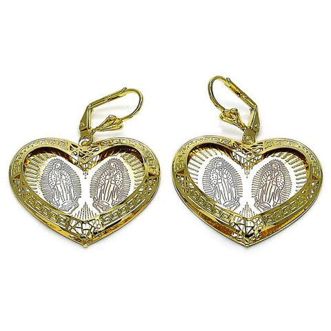 Arete Colgante 02.331.0075 Oro Laminado, Diseño de Corazon y Guadalupe, Diseño de Corazon, Diamantado, Tricolor