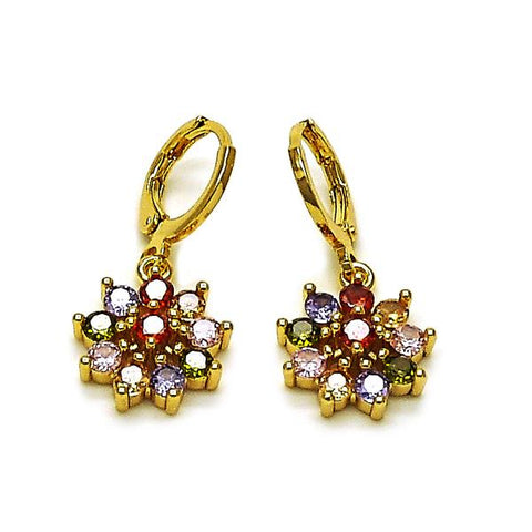Arete Largo 02.283.0298 Oro Laminado, Diseño de Flor, con Zirconia Cubica Multicolor, Pulido, Dorado