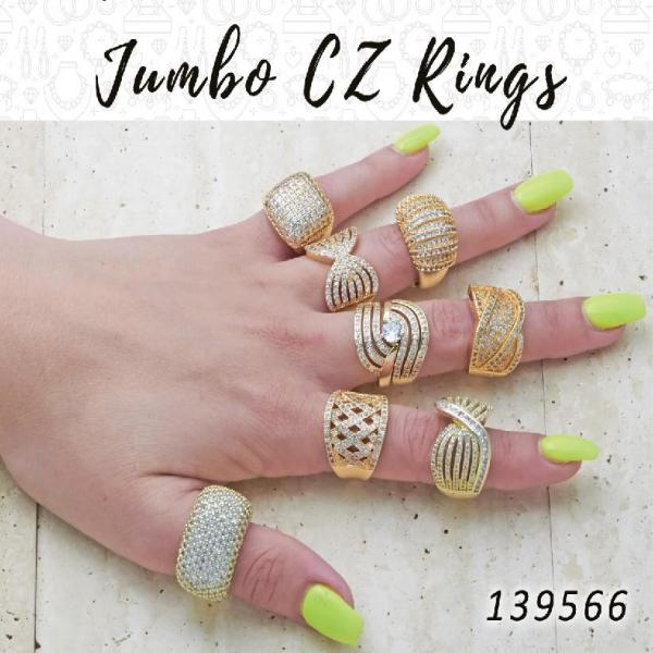 Kit Surtido de 10 Anillos Jumbo con Zirconia de Oro Laminado al por mayor — SKU 139566