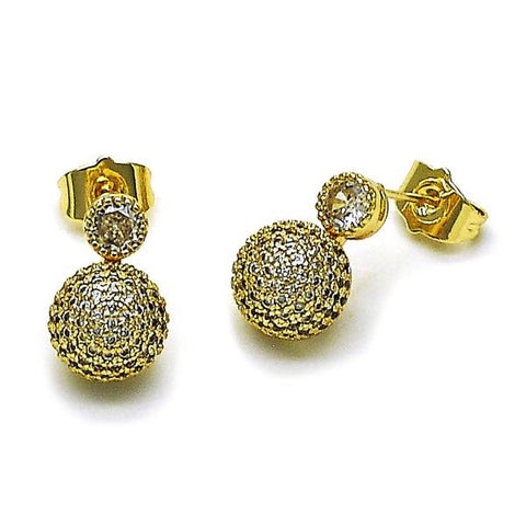 Arete Dormilona 02.283.0288 Oro Laminado, Diseño de Bola, con Micro Pave Blanca y Zirconia CubicaBlanca, Pulido, Dorado
