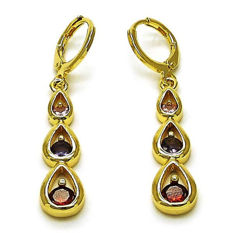 Arete Colgante 02.323.0098 Oro Laminado, Diseño de Gota, con Zirconia Cubica Multicolor, Pulido, Dorado