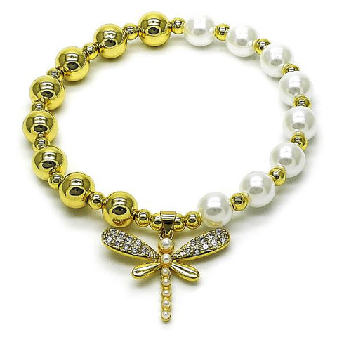 Pulsera Elegante 03.341.0253.07 Oro Laminado, Diseño de Libelula y Bead Expandible, Diseño de Libelula, con Perla Marfil y Zirconia CubicaBlanca, Pulido, Dorado