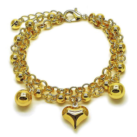 Pulsera de Dije 03.331.0330.07 Oro Laminado, Diseño de Corazon y Bola, Diseño de Corazon, Pulido, Dorado