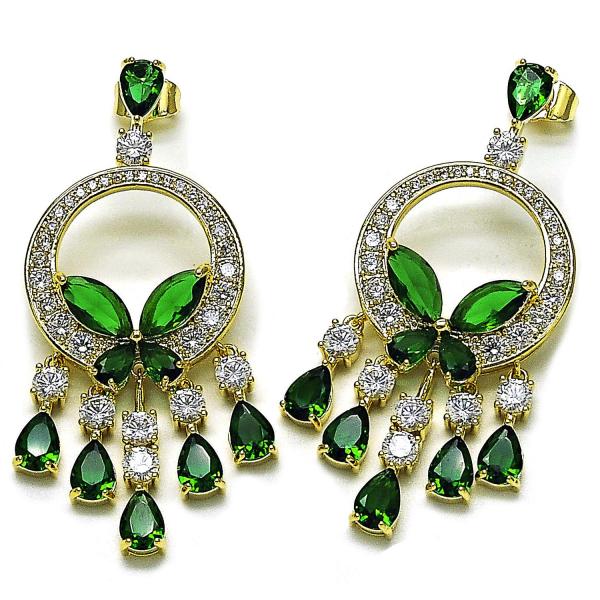 Arete Chandelier 02.436.0004 Oro Laminado, Diseño de Mariposa y Gota, Diseño de Mariposa, con Zirconia Cubica Verde y Blanca, Pulido, Dorado