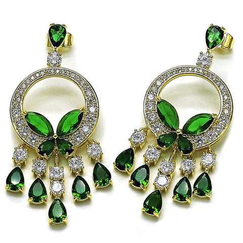 Arete Chandelier 02.436.0004 Oro Laminado, Diseño de Mariposa y Gota, Diseño de Mariposa, con Zirconia Cubica Verde y Blanca, Pulido, Dorado
