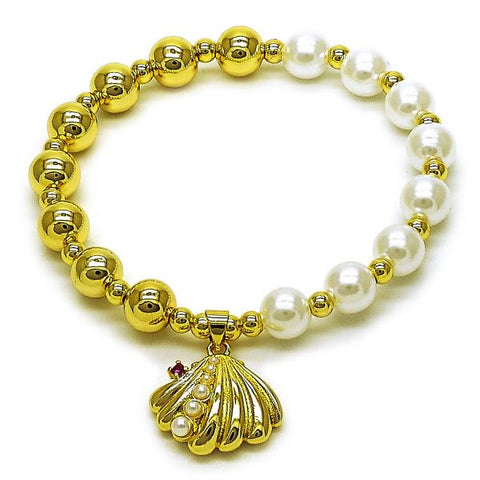 Pulsera Elegante 03.341.0252.07 Oro Laminado, Diseño de Concha y Bead Expandible, Diseño de Concha, con Perla Marfil y Zirconia CubicaRubi, Pulido, Dorado
