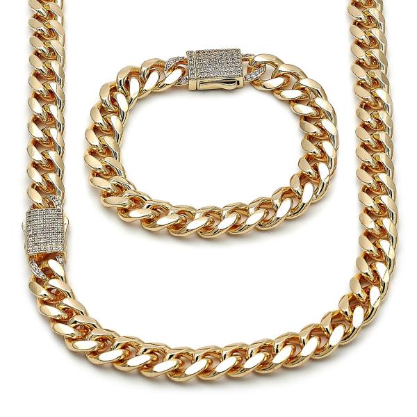 Collar y Pulso 06.156.0004 Oro Laminado, Diseño de Miami Cubana, con Zirconia Cubica Blanca, Pulido, Dorado