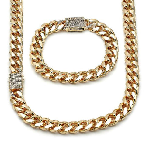 Collar y Pulso 06.156.0004 Oro Laminado, Diseño de Miami Cubana, con Zirconia Cubica Blanca, Pulido, Dorado