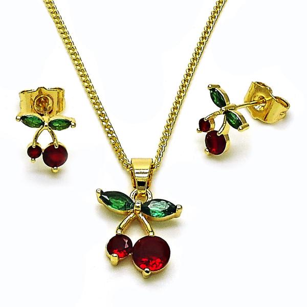 Juego de Arete y Dije de Adulto 10.283.0030 Oro Laminado, Diseño de Cereza, con Zirconia Cubica Granate y Verde, Pulido, Dorado
