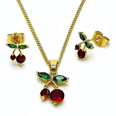 Juego de Arete y Dije de Adulto 10.283.0030 Oro Laminado, Diseño de Cereza, con Zirconia Cubica Granate y Verde, Pulido, Dorado