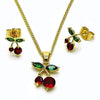 Juego de Arete y Dije de Adulto 10.283.0030 Oro Laminado, Diseño de Cereza, con Zirconia Cubica Granate y Verde, Pulido, Dorado