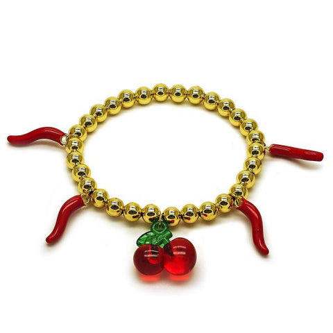 Pulsera Elegante 03.417.0010.08 Oro Laminado, Diseño de Cereza y Chile, Diseño de Cereza, con Cristal Granate, Esmaltado Rojo, Dorado
